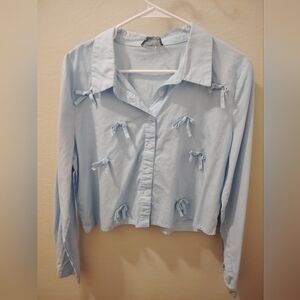 Lulumari Light Blue Button Down Shirt with Bow Details
